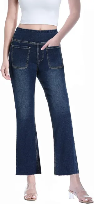 Cropped Pull on Jeans for Women, Trendy Stretchy High Waisted Flared Jeans Skinny Bell Bottom Boot Cut Jeans