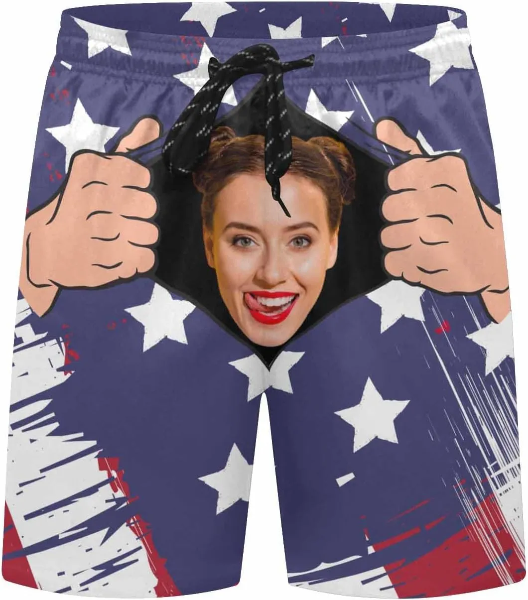 Custom Men's Swim Trunks with FacesCustom Swim Trunks Tropical Floral Personalized Board Shorts with USA Flag