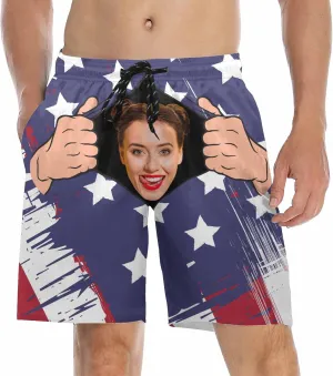 Custom Men's Swim Trunks with FacesCustom Swim Trunks Tropical Floral Personalized Board Shorts with USA Flag