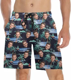 Custom Men's Swim Trunks with FacesCustom Swim Trunks Tropical Floral Personalized Board Shorts with USA Flag