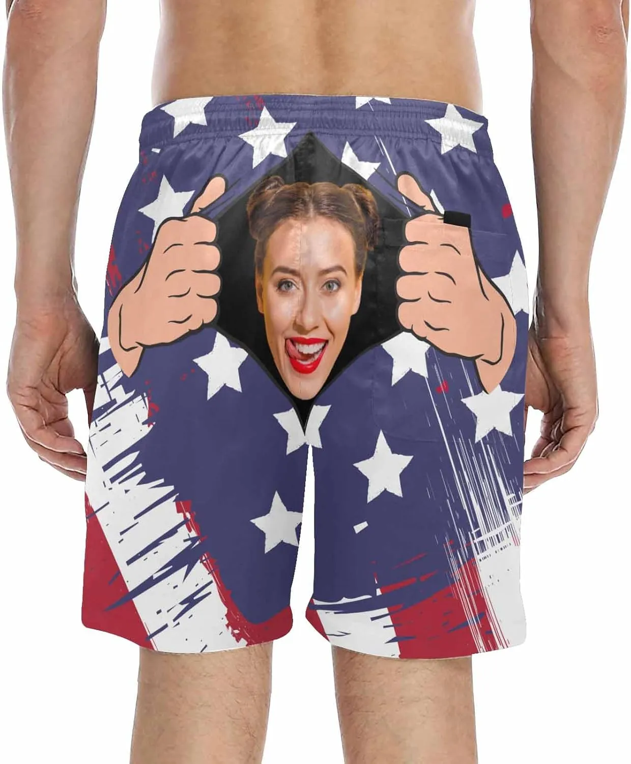 Custom Men's Swim Trunks with FacesCustom Swim Trunks Tropical Floral Personalized Board Shorts with USA Flag
