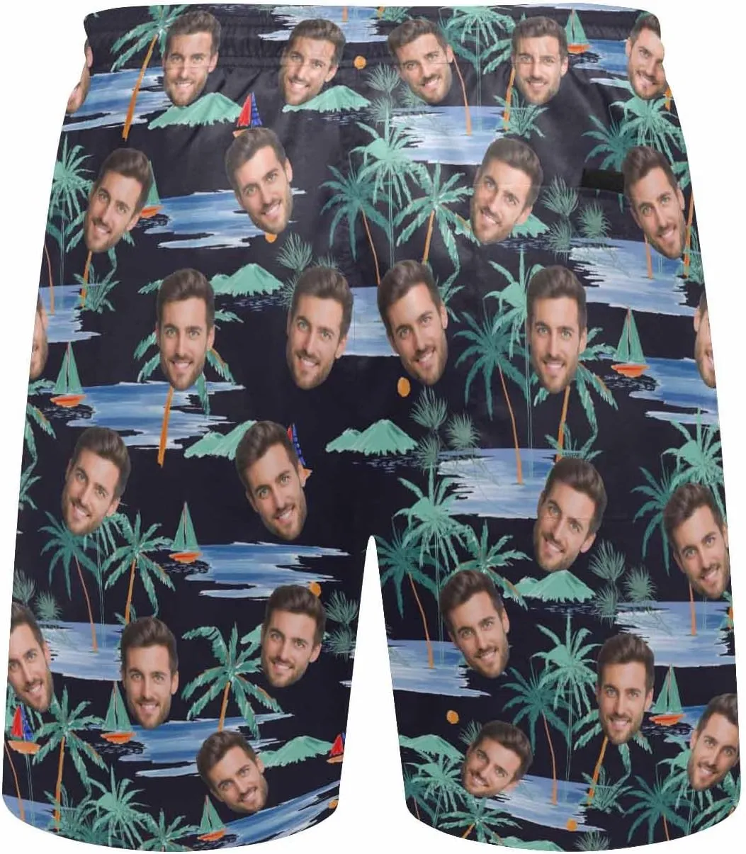Custom Men's Swim Trunks with FacesCustom Swim Trunks Tropical Floral Personalized Board Shorts with USA Flag