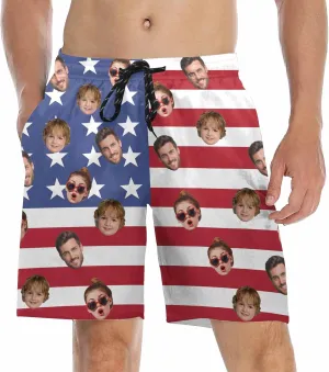 Custom Men's Swim Trunks with FacesCustom Swim Trunks Tropical Floral Personalized Board Shorts with USA Flag