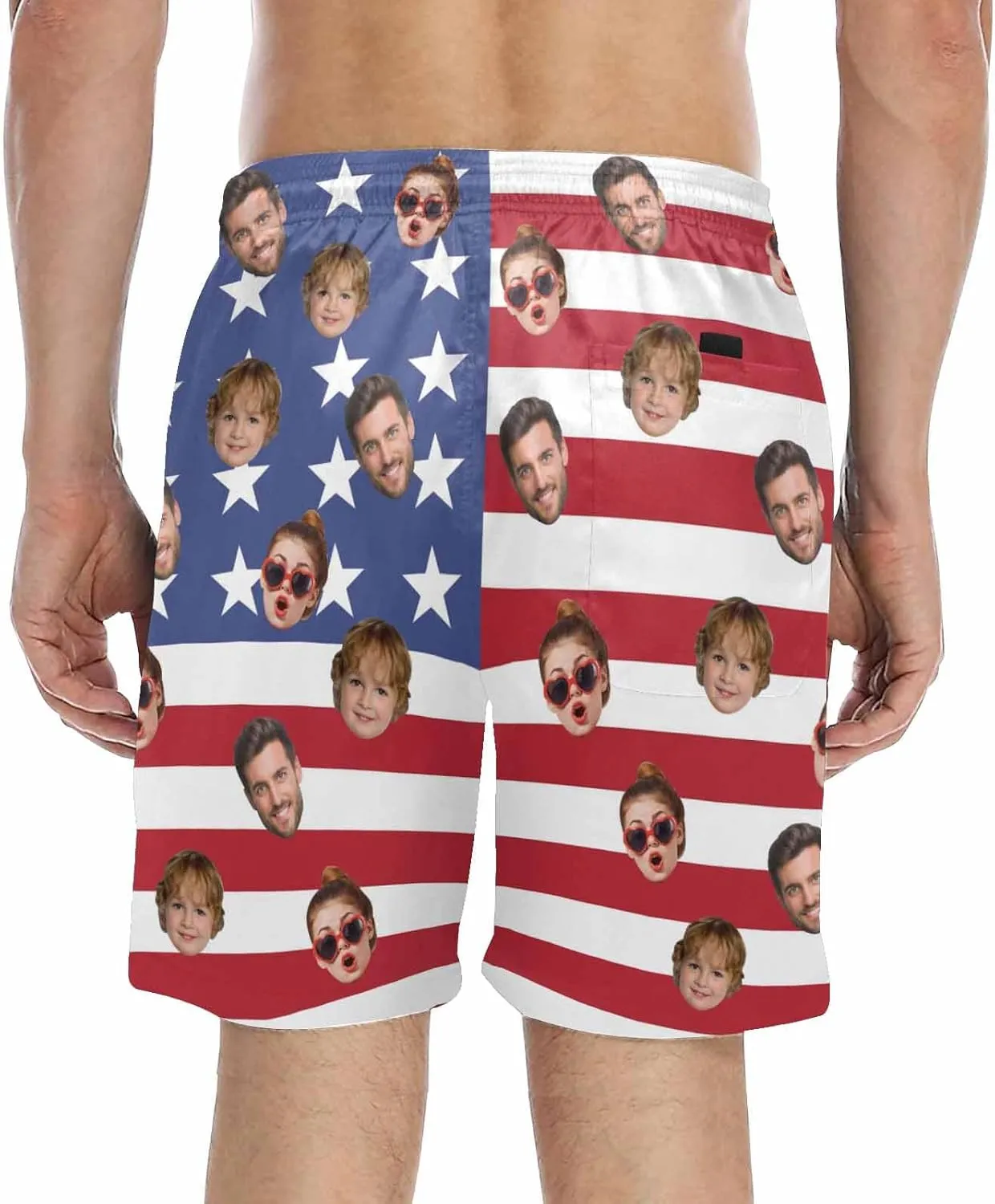 Custom Men's Swim Trunks with FacesCustom Swim Trunks Tropical Floral Personalized Board Shorts with USA Flag