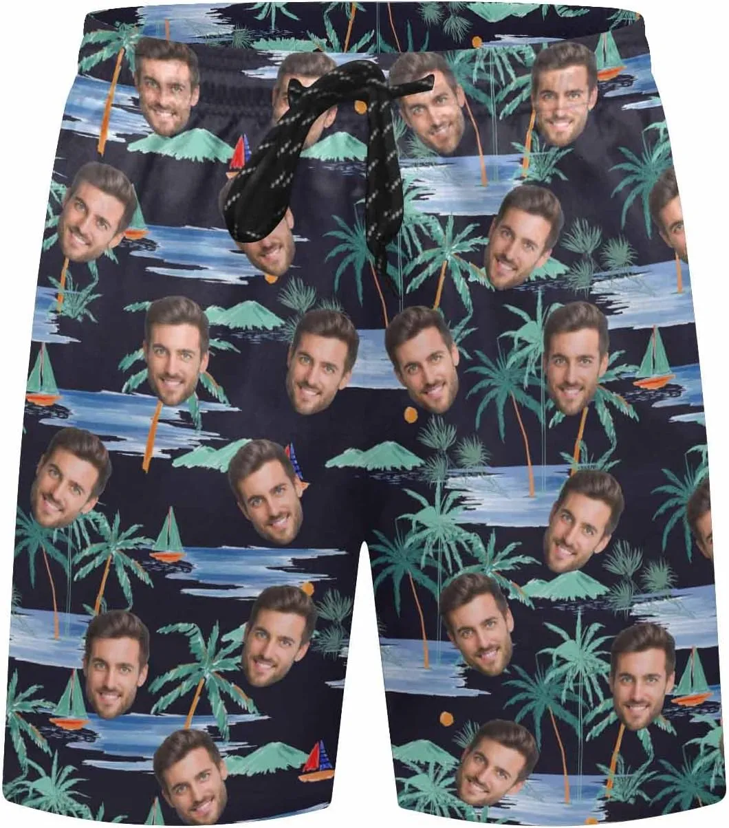 Custom Men's Swim Trunks with FacesCustom Swim Trunks Tropical Floral Personalized Board Shorts with USA Flag