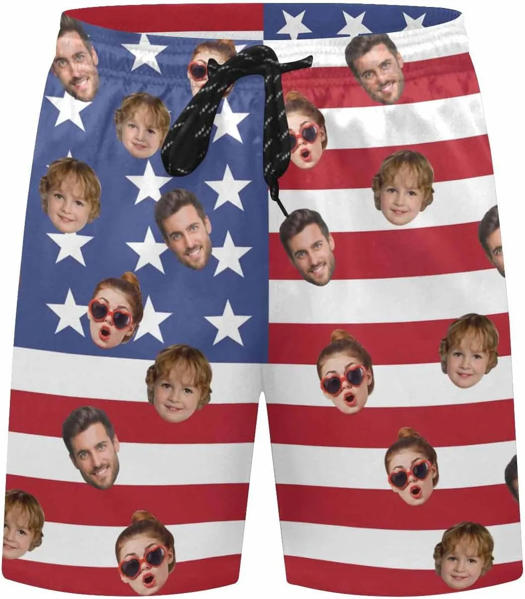 Custom Men's Swim Trunks with FacesCustom Swim Trunks Tropical Floral Personalized Board Shorts with USA Flag