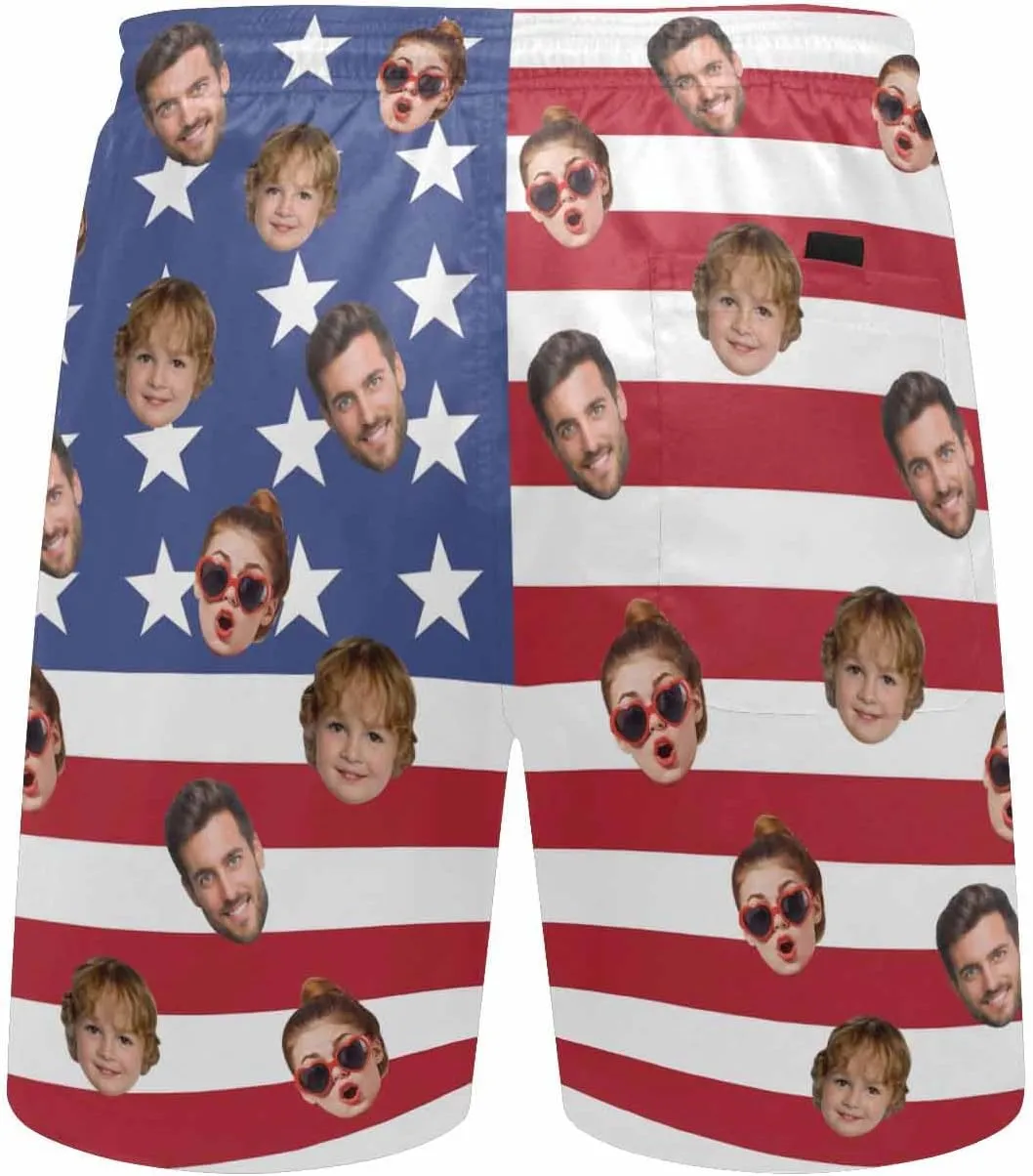 Custom Men's Swim Trunks with FacesCustom Swim Trunks Tropical Floral Personalized Board Shorts with USA Flag