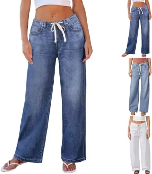 Drawstring Jeans Women Mid Rise Y2k Boyfriend Baggy Wide Leg Jeans Casual Loose Denim Trousers Pants with Pockets