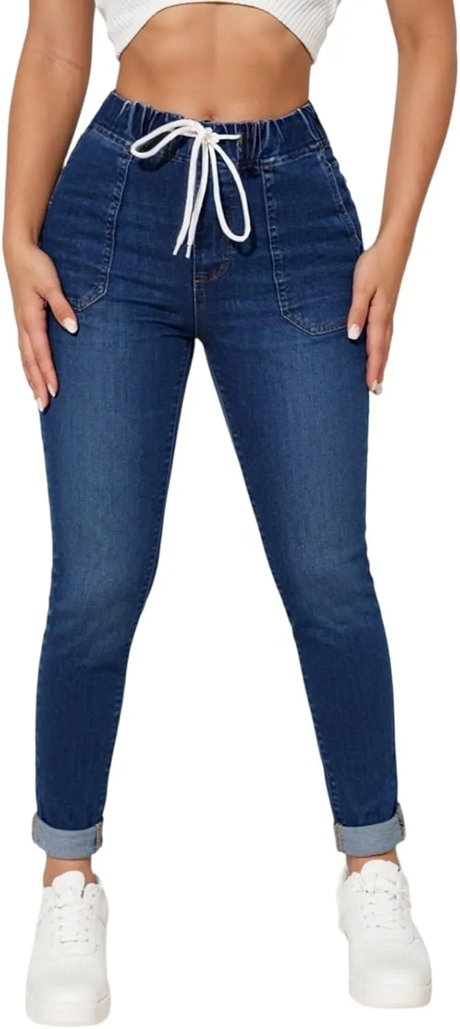 Drawstring Jeans Women Pull On High Waisted Denim Joggers Boyfriend Baggy Cropped Straight Leg Jeans with Pockets