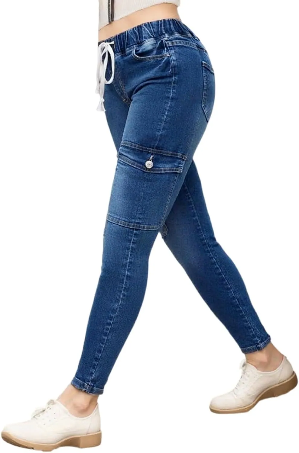 Drawstring Jeans Women Pull On High Waisted Denim Joggers Boyfriend Baggy Cropped Straight Leg Jeans with Pockets