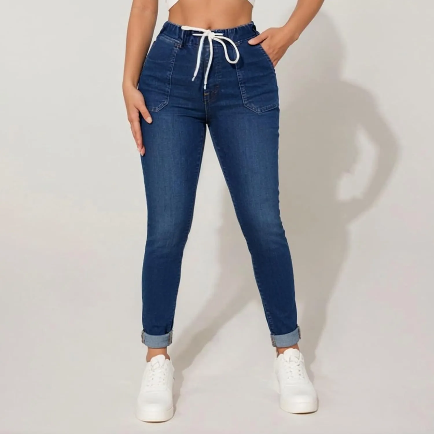 Drawstring Jeans Women Pull On High Waisted Denim Joggers Boyfriend Baggy Cropped Straight Leg Jeans with Pockets