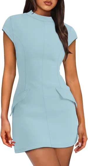 Dresses for Women 2025 Summer Beach Vacation Clothes Spring Short Sleeve Round Neck Slim Waist Mini Dress