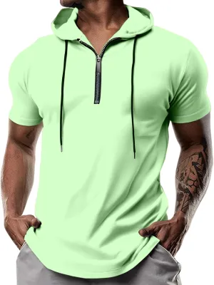 evzosrz Hoodies Mens Quarter Zipper Short Sleeve Hooded T-Shirts Drawstring Lightweight V Neck Pullover Summer Athletic Shirt