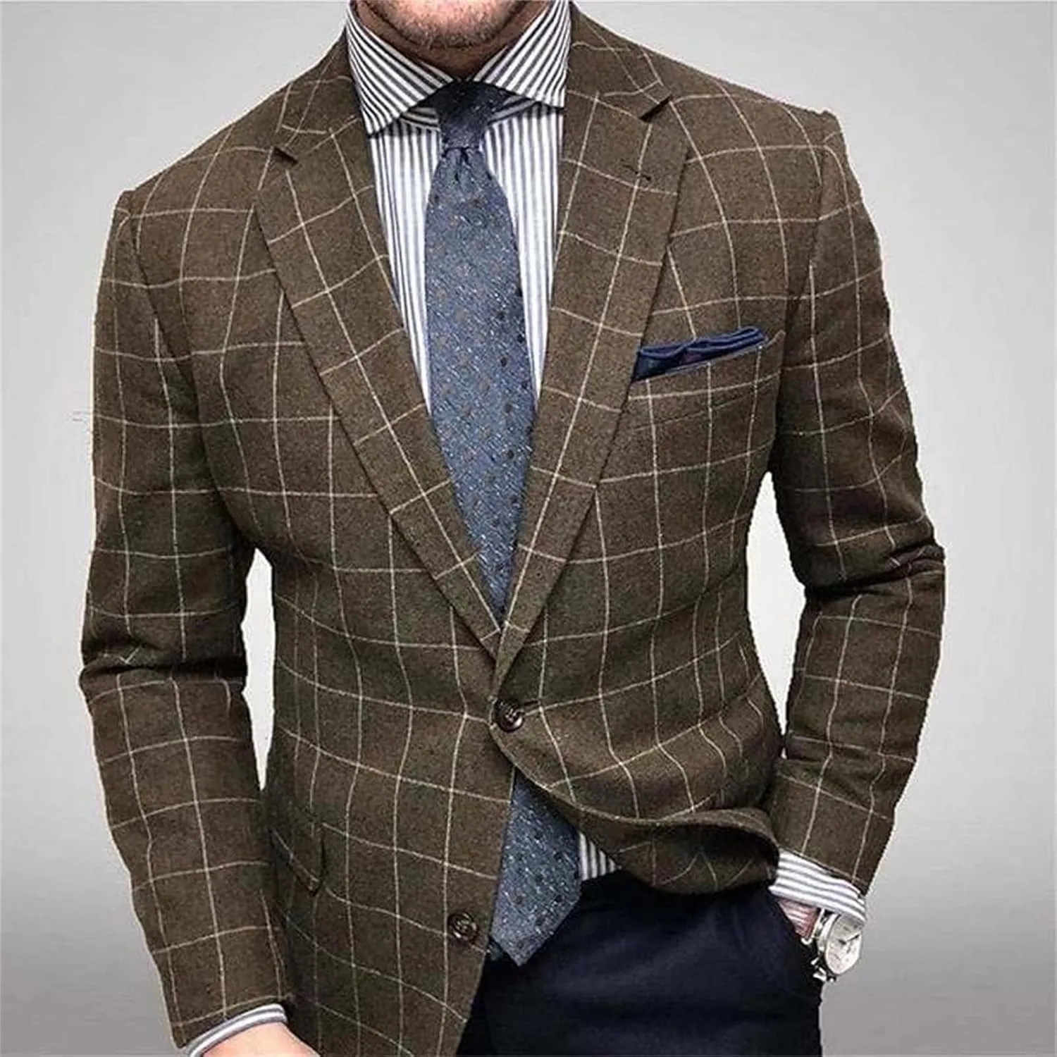 evzosrz Lightweight Plaid Blazer Mens Jackets Casual Checkered Slim Fit Notched Lapel Two Button Jacket Business Sports Coat