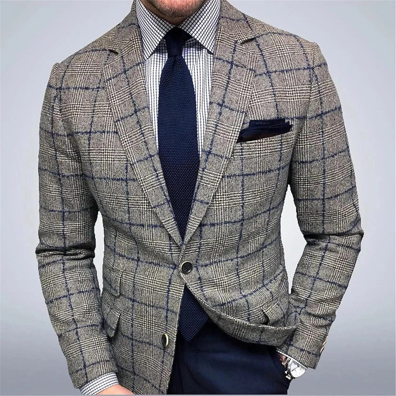 evzosrz Lightweight Plaid Blazer Mens Jackets Casual Checkered Slim Fit Notched Lapel Two Button Jacket Business Sports Coat