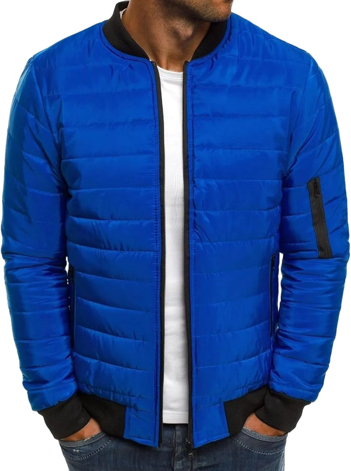 evzosrz Men's Puffer Jackets Quilted Stand Collar Lightweight Warm Baseball Collar Zipper Fall Winter Thicken Packable Coats