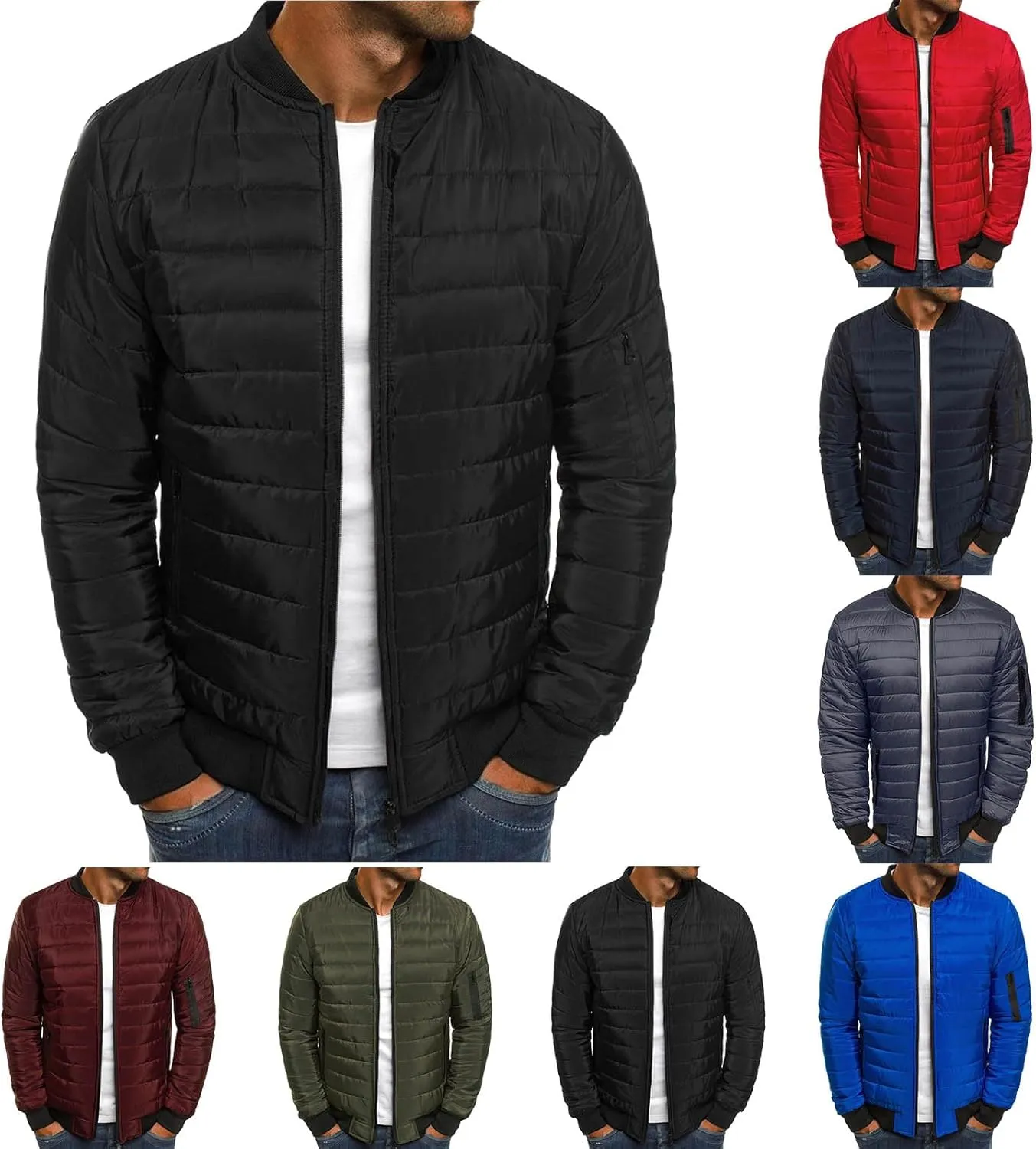 evzosrz Men's Puffer Jackets Quilted Stand Collar Lightweight Warm Baseball Collar Zipper Fall Winter Thicken Packable Coats