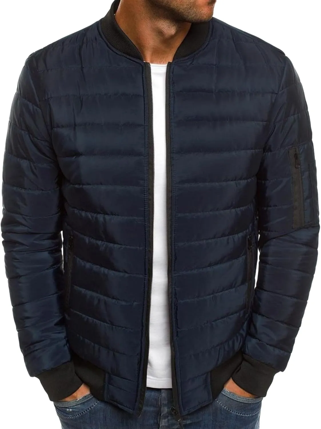 evzosrz Men's Puffer Jackets Quilted Stand Collar Lightweight Warm Baseball Collar Zipper Fall Winter Thicken Packable Coats