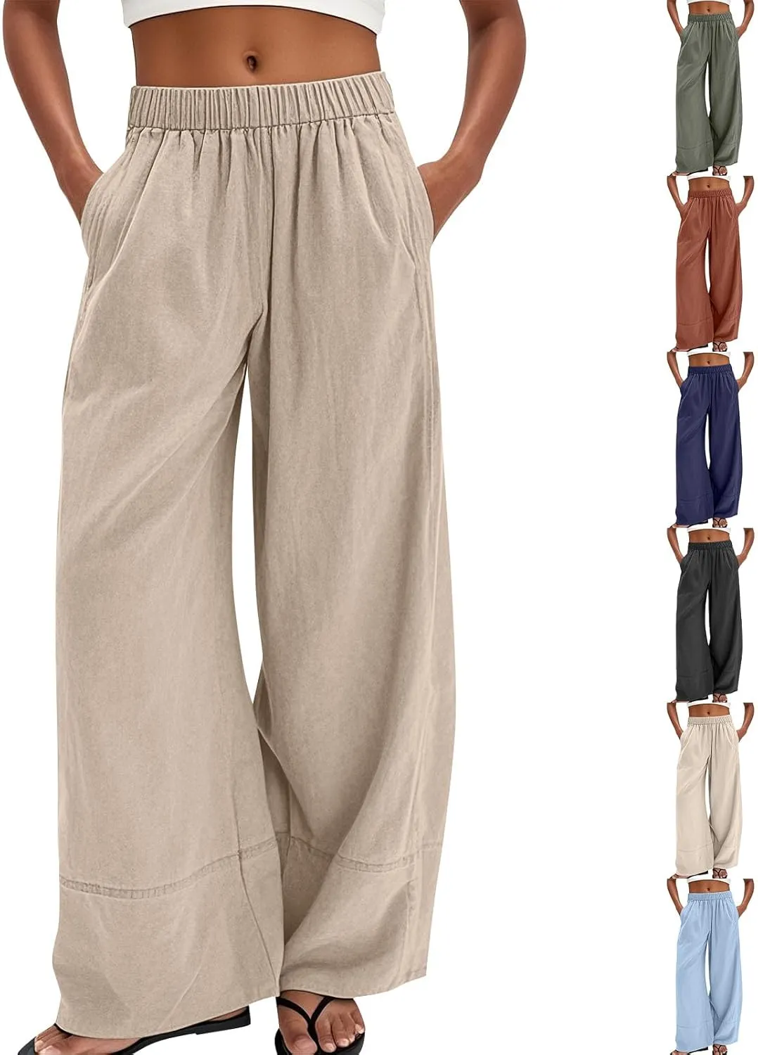 fanmpghleoo Linen Pants Women Summer Wide Leg Casual Palazzo Beach Pants Loose Lounge Linen Trousers with Pockets