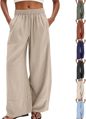 fanmpghleoo Linen Pants Women Summer Wide Leg Casual Palazzo Beach Pants Loose Lounge Linen Trousers with Pockets