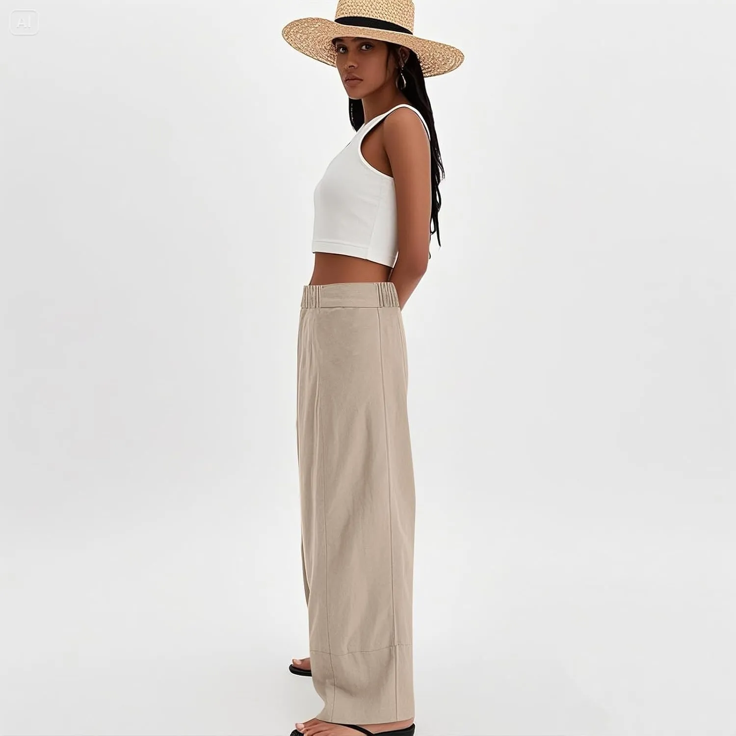 fanmpghleoo Linen Pants Women Summer Wide Leg Casual Palazzo Beach Pants Loose Lounge Linen Trousers with Pockets