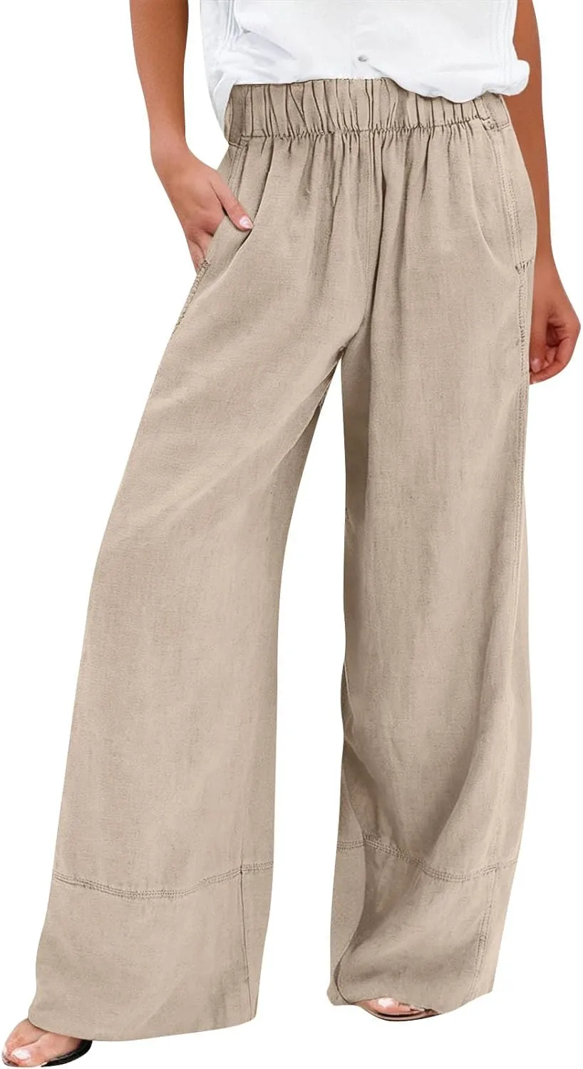 fanmpghleoo Linen Pants Women Summer Wide Leg Casual Palazzo Beach Pants Loose Lounge Linen Trousers with Pockets