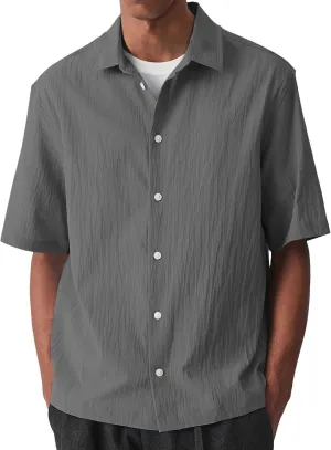 Fashion Button Down Solid Shirts for Men Casual Collared Textured Lightweight Cotton T-Shirt Summer Work Travel Tops