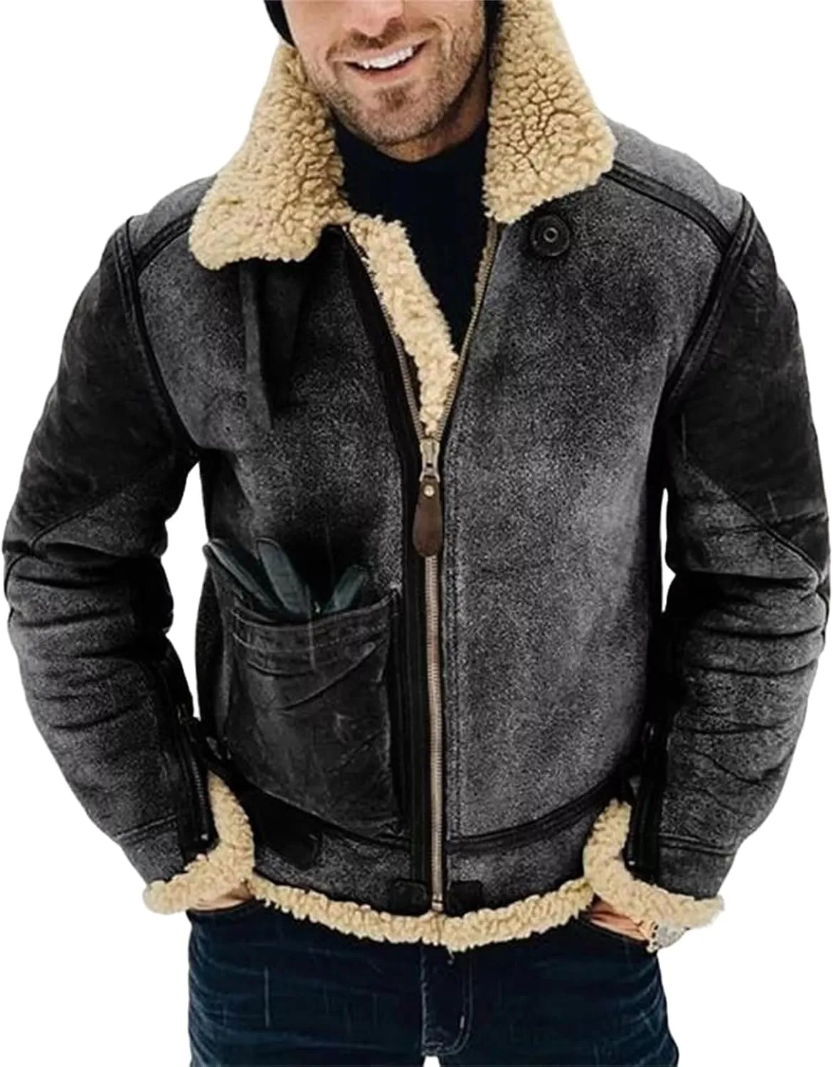 Faux Leather Bomber Jacket Men Fleece Lined Sherpa Jackets Winter Coats Shearling Fur Coat for Men Midweight