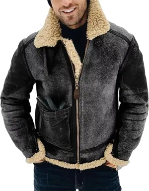 Faux Leather Bomber Jacket Men Fleece Lined Sherpa Jackets Winter Coats Shearling Fur Coat for Men Midweight