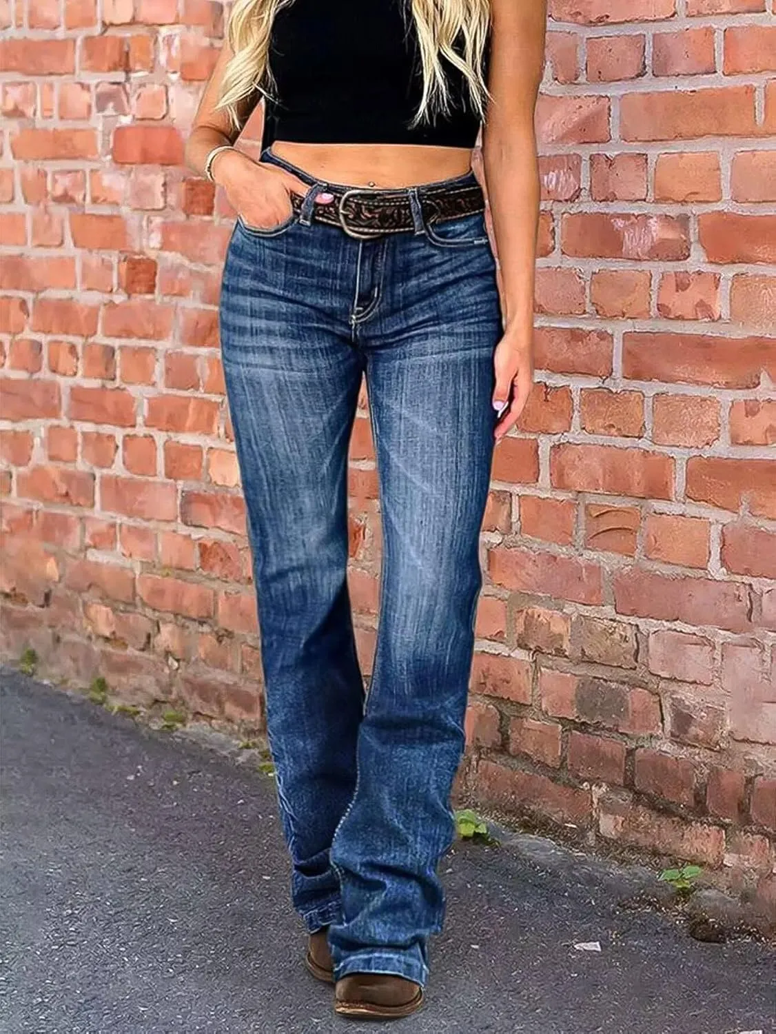 Flamingals Women's Boot Cut Jeans Trendy Tummy Control Jeans Stretch Straight Leg Skinny Jeans
