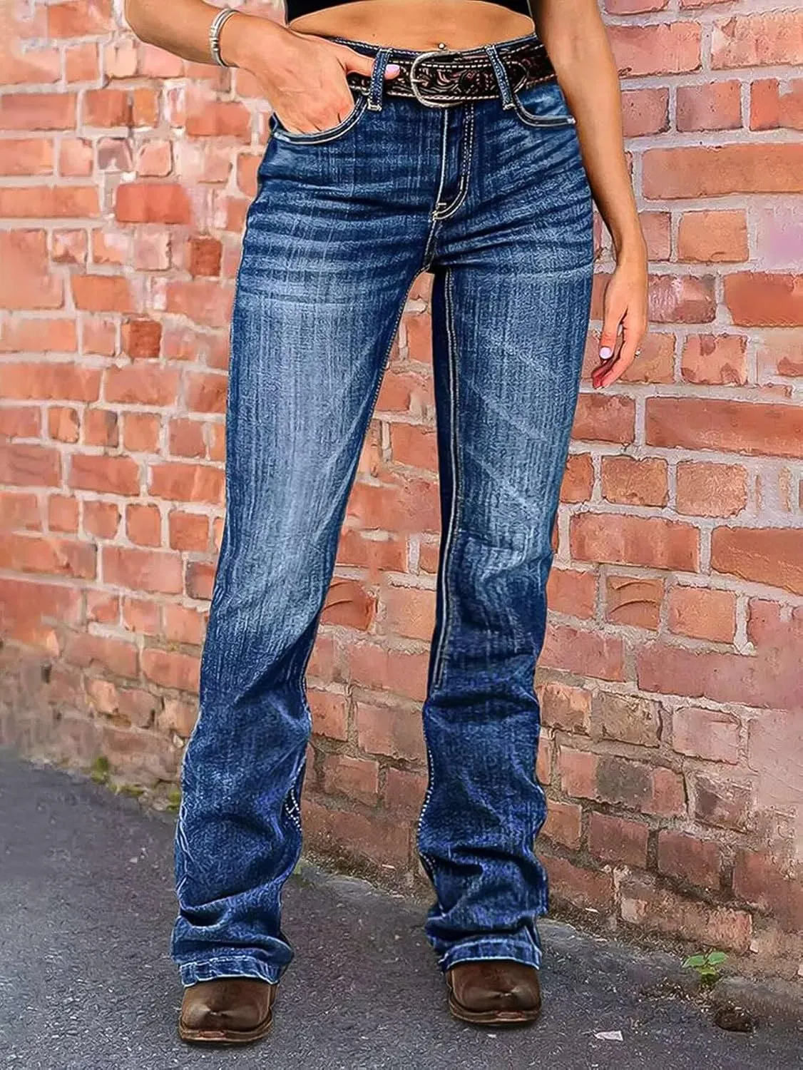Flamingals Women's Boot Cut Jeans Trendy Tummy Control Jeans Stretch Straight Leg Skinny Jeans