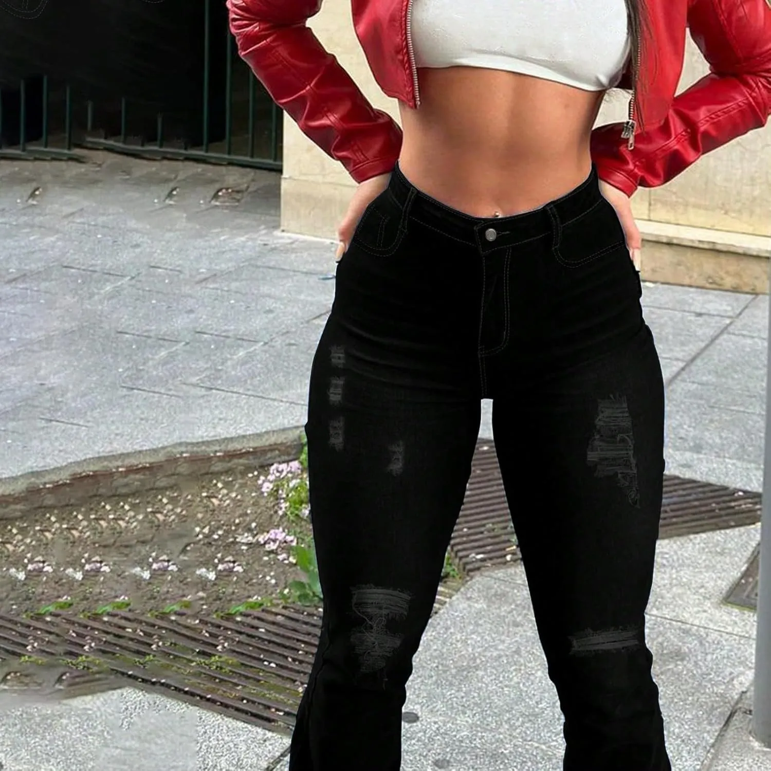 Flare Jeans for Women Elastic High Waisted Ripped Jeans Slim Fit Butt Lifting Bell Bottom Denim Jeans with Pockets