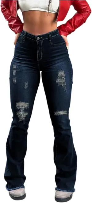 Flare Jeans for Women Elastic High Waisted Ripped Jeans Slim Fit Butt Lifting Bell Bottom Denim Jeans with Pockets