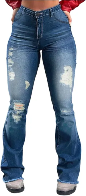 Flare Jeans for Women Elastic High Waisted Ripped Jeans Slim Fit Butt Lifting Bell Bottom Denim Jeans with Pockets