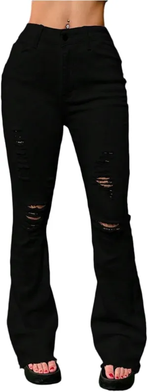 Flare Jeans for Women Elastic High Waisted Ripped Jeans Slim Fit Butt Lifting Bell Bottom Denim Jeans with Pockets