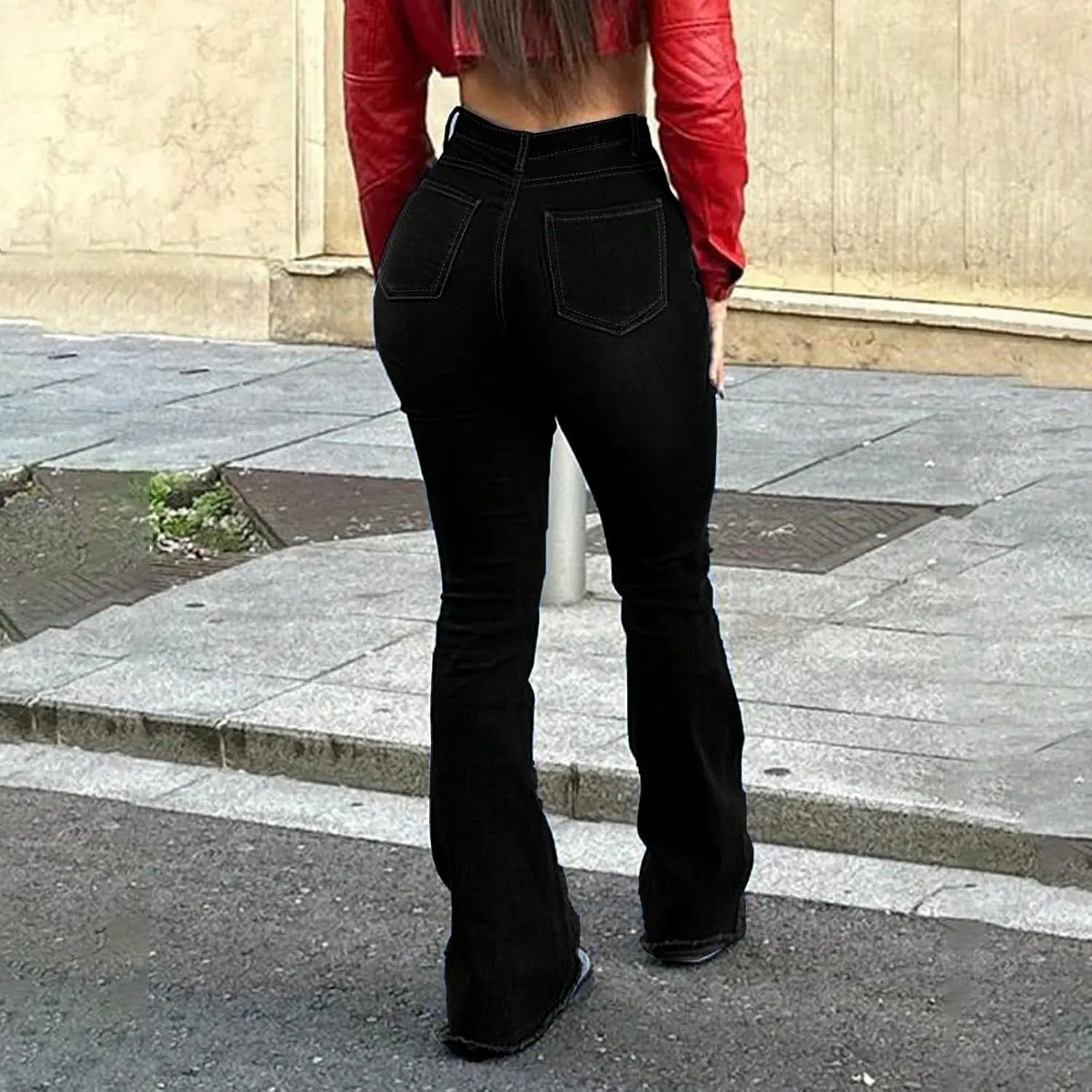 Flare Jeans for Women Elastic High Waisted Ripped Jeans Slim Fit Butt Lifting Bell Bottom Denim Jeans with Pockets