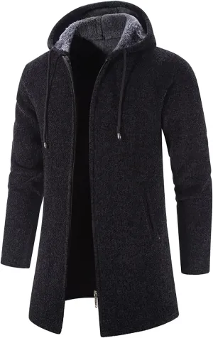 Fleece Lined Jackets for Men Winter Hooded Coats Mid Length Cardigan Sweaters Long Sleeve Tops Warm Pocket Outerwear