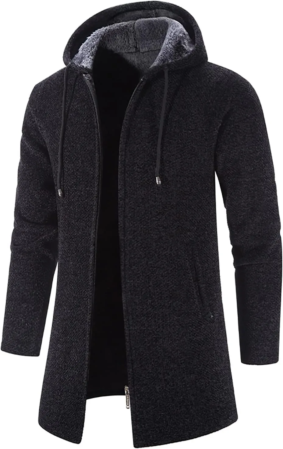 Fleece Lined Jackets for Men Winter Hooded Coats Mid Length Cardigan Sweaters Long Sleeve Tops Warm Pocket Outerwear