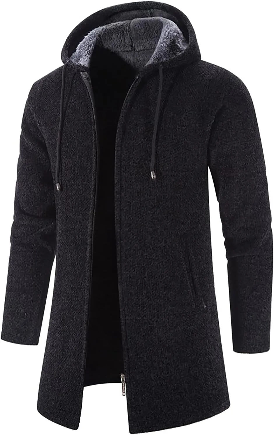 Fleece Lined Jackets for Men Winter Hooded Coats Mid Length Cardigan Sweaters Long Sleeve Tops Warm Pocket Outerwear