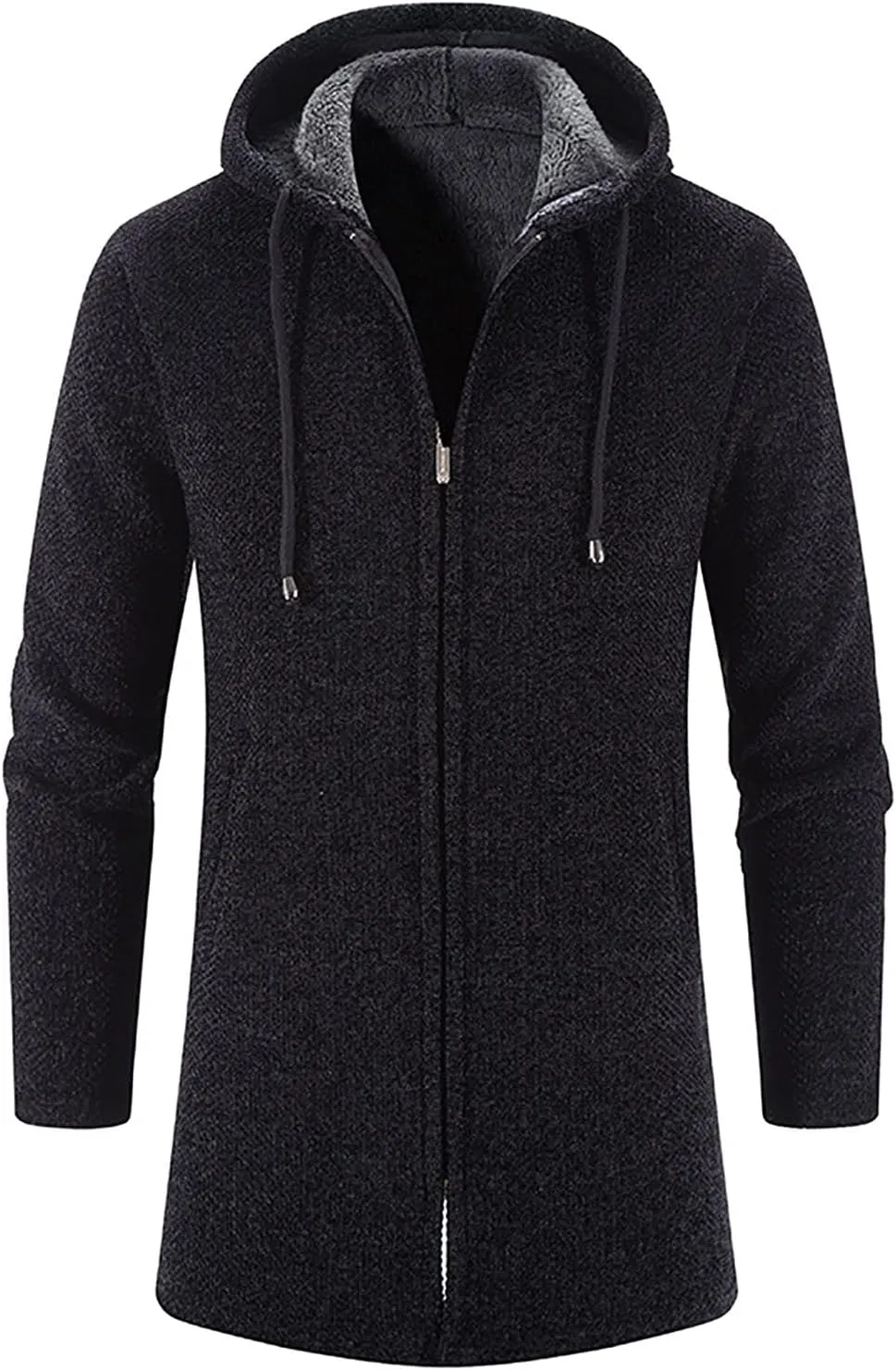 Fleece Lined Jackets for Men Winter Hooded Coats Mid Length Cardigan Sweaters Long Sleeve Tops Warm Pocket Outerwear