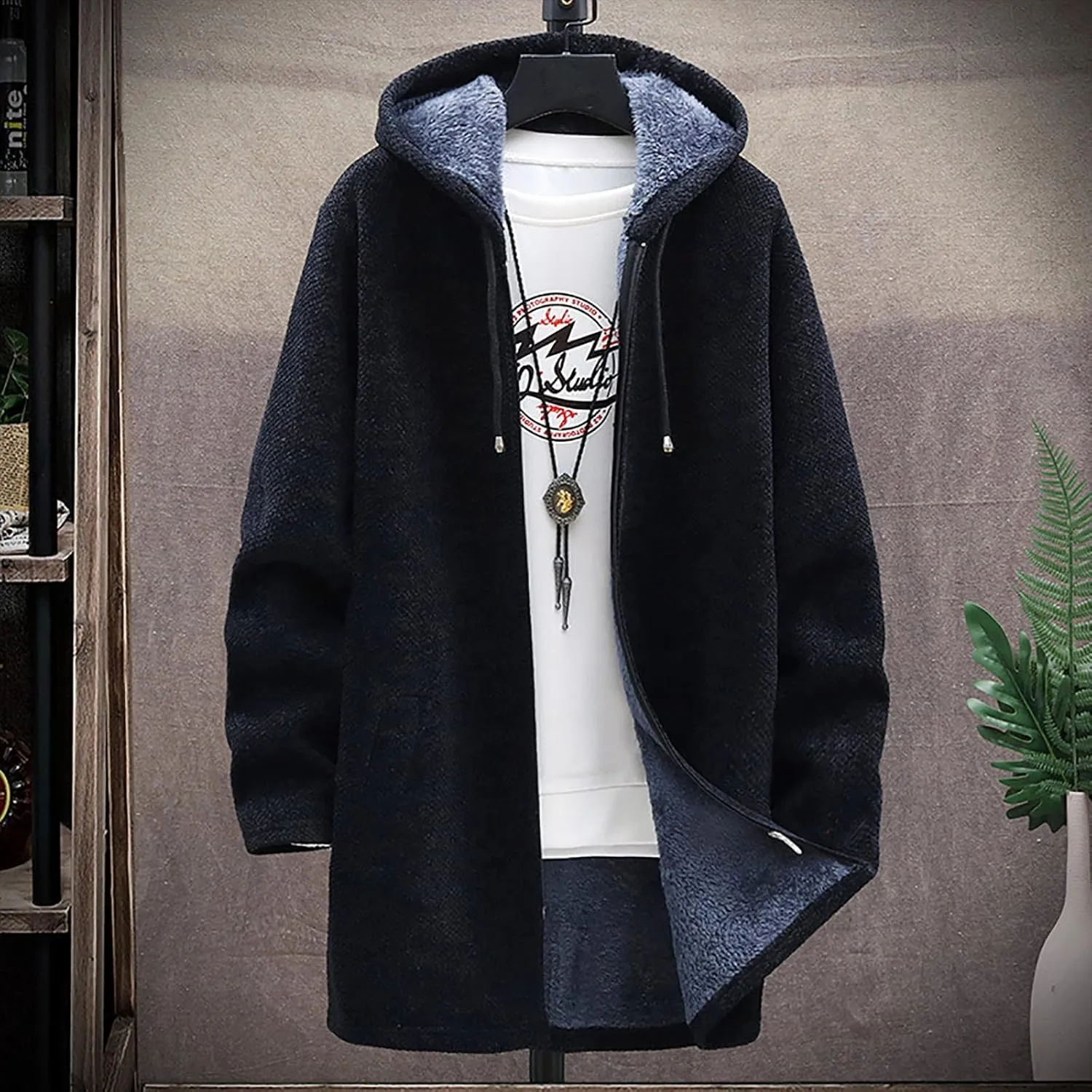Fleece Lined Jackets for Men Winter Hooded Coats Mid Length Cardigan Sweaters Long Sleeve Tops Warm Pocket Outerwear
