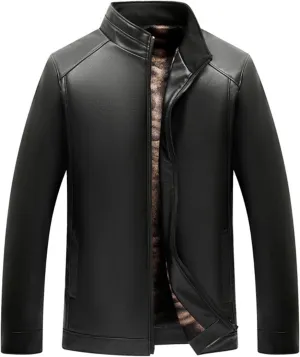 Fleece Lined Leather Jacket Men Hooded Winter Jacket Zip up Thermal Hoodie Vintage Faux Fur Coats Warm Outwear
