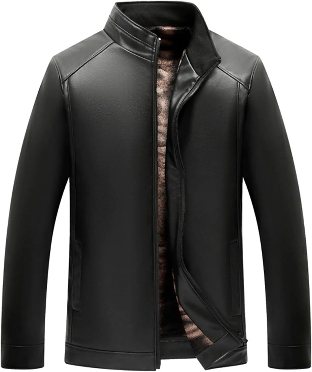 Fleece Lined Leather Jacket Men Hooded Winter Jacket Zip up Thermal Hoodie Vintage Faux Fur Coats Warm Outwear