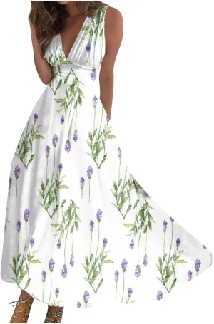 FlekmanArt Womens Dresses Sleeveless Wrap V Neck Beach Dress Flowy Ruched Floral Print Maxi Dress Trendy Boho Dress