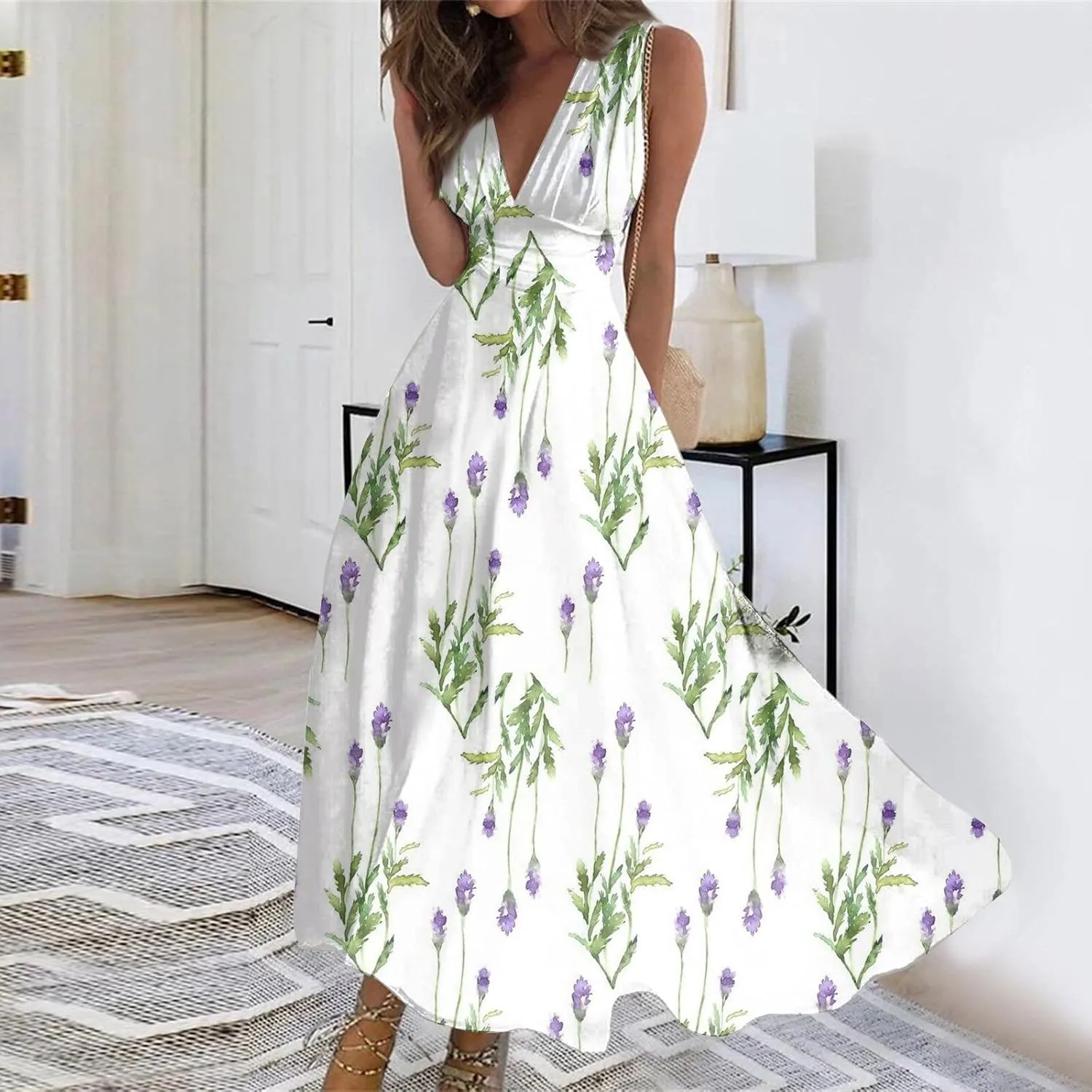 FlekmanArt Womens Dresses Sleeveless Wrap V Neck Beach Dress Flowy Ruched Floral Print Maxi Dress Trendy Boho Dress