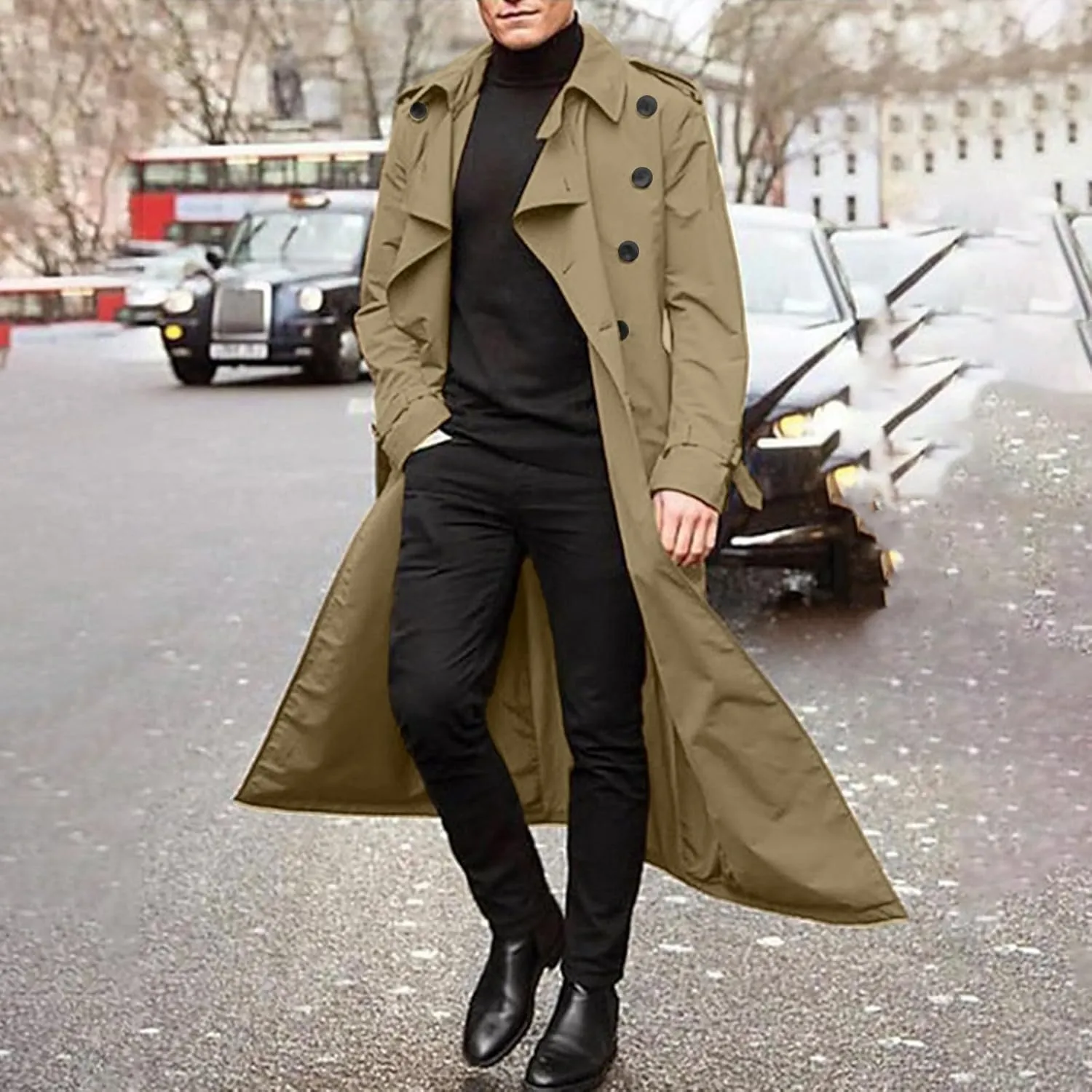 FONMA Trench Coat Men Winter Slim Coat Trench Lapel Long Jacket Double Breasted Coat Soft Elegant windbreaker