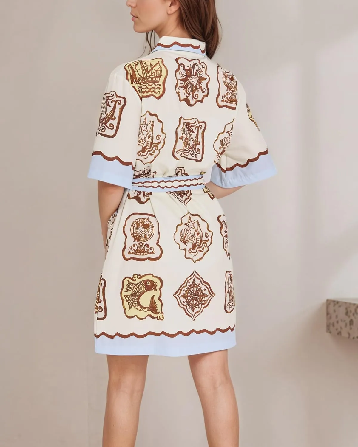 FOTN Belted Shirt Dresses for Women 2025 Summer Graffiti Printed A-Line Mini Dress Button Down Short Sleeve Vacation Sundress