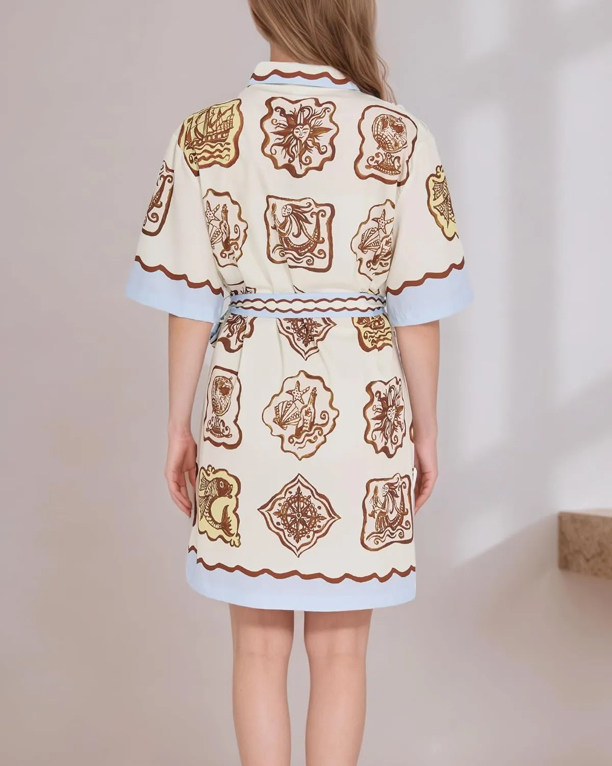 FOTN Belted Shirt Dresses for Women 2025 Summer Graffiti Printed A-Line Mini Dress Button Down Short Sleeve Vacation Sundress