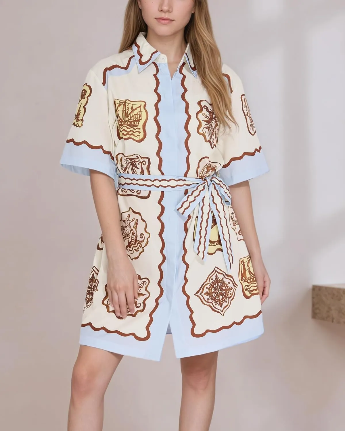 FOTN Belted Shirt Dresses for Women 2025 Summer Graffiti Printed A-Line Mini Dress Button Down Short Sleeve Vacation Sundress