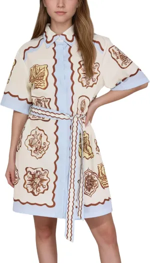 FOTN Belted Shirt Dresses for Women 2025 Summer Graffiti Printed A-Line Mini Dress Button Down Short Sleeve Vacation Sundress